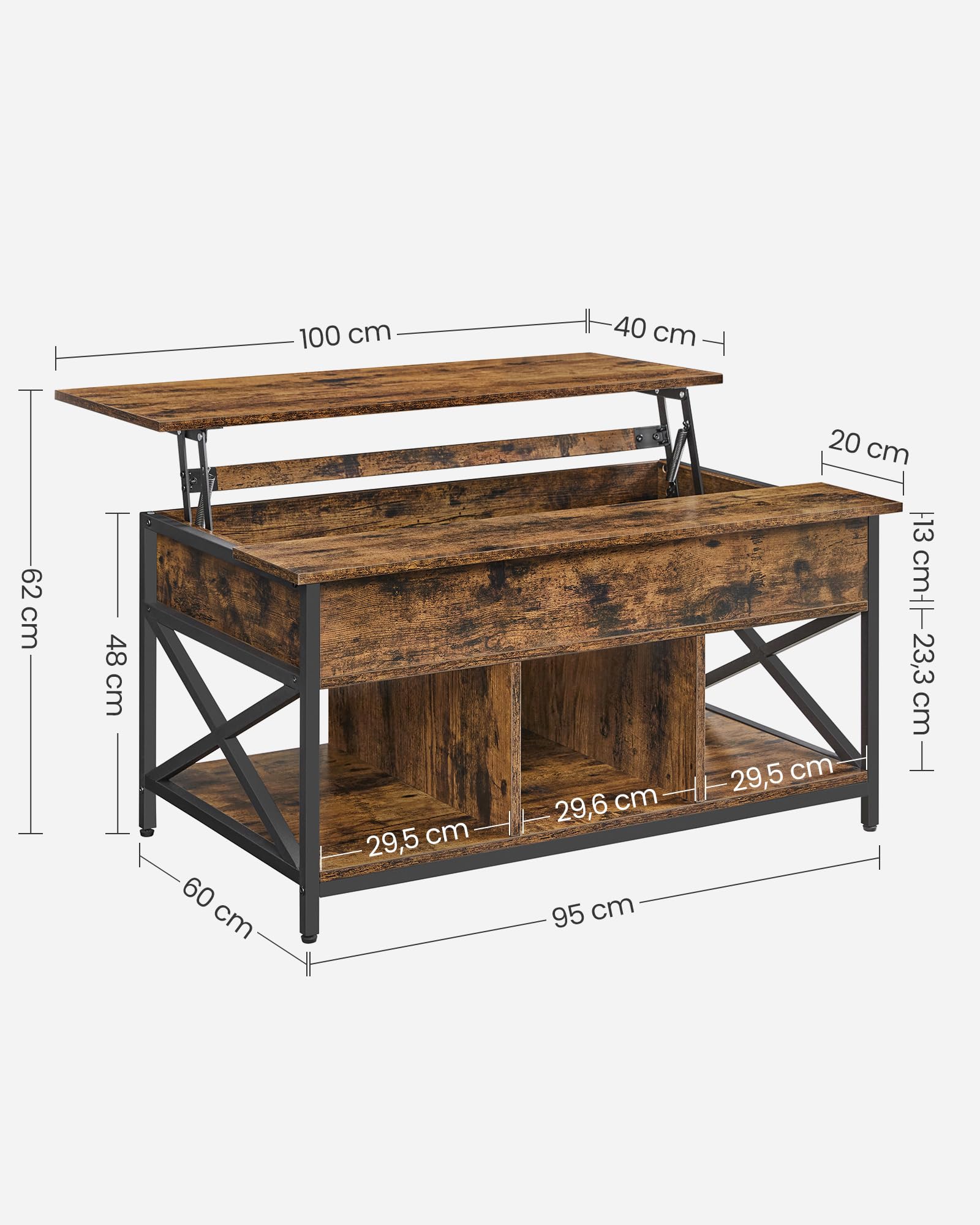 VASAGLE Mesa de Centro, Mesa de Café con Tablero Elevable, para Dormitorio, con Espacio Abierto y Oculto, Barras en Forma de X, 60 x 100 x (48-62) cm, Marrón Rústico y Negro LCT205B01