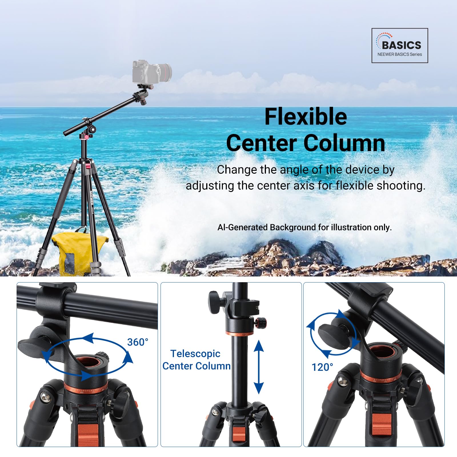 NEEWER BASICS Statyw do kamery górnej, monopod z głowicą kulową i poziomą kolumną środkową, 76-calowy metalowy stojak podróżny DSLR, płyta QR typu Arca i odwrócone nogi, maksymalne obciążenie 8 kg