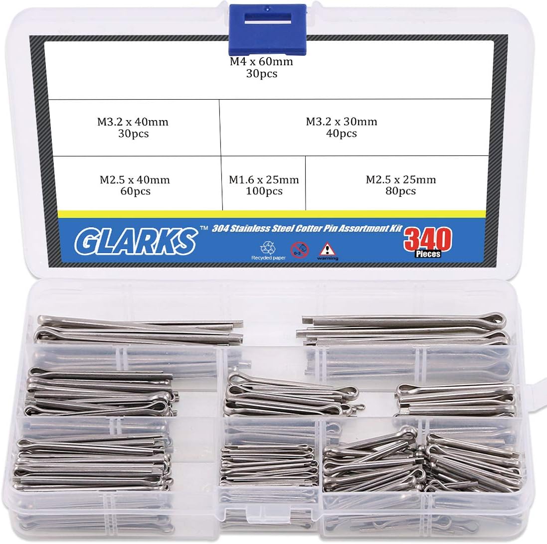 Glarks 340-Pieces 6 Sizes 304 Stainless Steel Cotter Pin Clip Key Fastner Fitting Assortment Kit for Automotive, Mechanics, Car Garage, Power Equipment, Cars, Trucks, Lawn Mower, Small Engine Repair