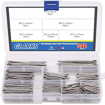 Glarks 340-Pieces 6 Sizes 304 Stainless Steel Cotter Pin Clip Key Fastner Fitting Assortment Kit for Automotive, Mechanics, Car Garage, Power Equipment, Cars, Trucks, Lawn Mower, Small Engine Repair