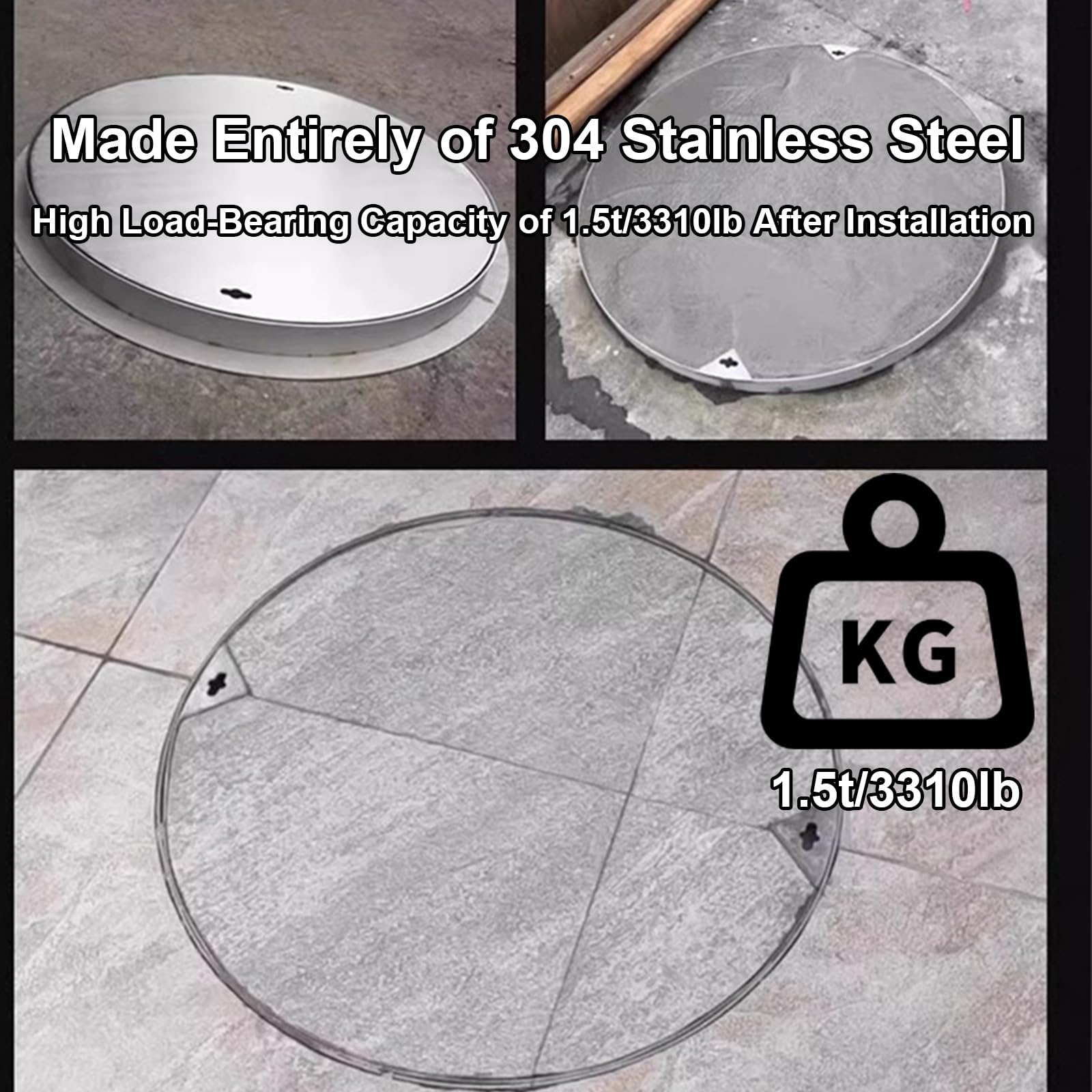 Chiusino Pozzetto, Chiusino Invisibile in Acciaio Inox e Telaio, Tombino Invisibile con Maniglia, Adatto per Fognatura, Fossa Settica e Cortile(50 * 50 * 5cm/19.7 * 19.7 * 2.0in)