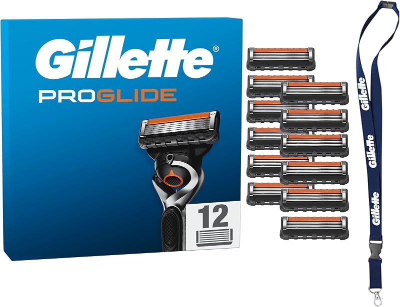 Gillette Proglide Pack of 12 Men's Razor Refills, Authentic, Ultra-Sharp 5 Blade Cartridge, New Lubrication, Lubricating Strip x2, Flexible Facial Shaving, with Key Ring