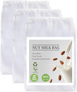 3 Pack Reusable Nut Milk Bag, Food-Grade Nylon Cheese Cloth Bag for Straining, Strong Fine Mesh Strainer Bags with Drawstring for Nut Milk, Cold Brew Coffee, Greek Yogurt, Tea and Juice, 9.5"x14"