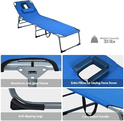 Miniatura 5 de HAPPYGRILL Silla de playa con agujero facial, silla de bronceado al aire libre silla para tomar el sol con respaldo ajustable almohada extraíble,