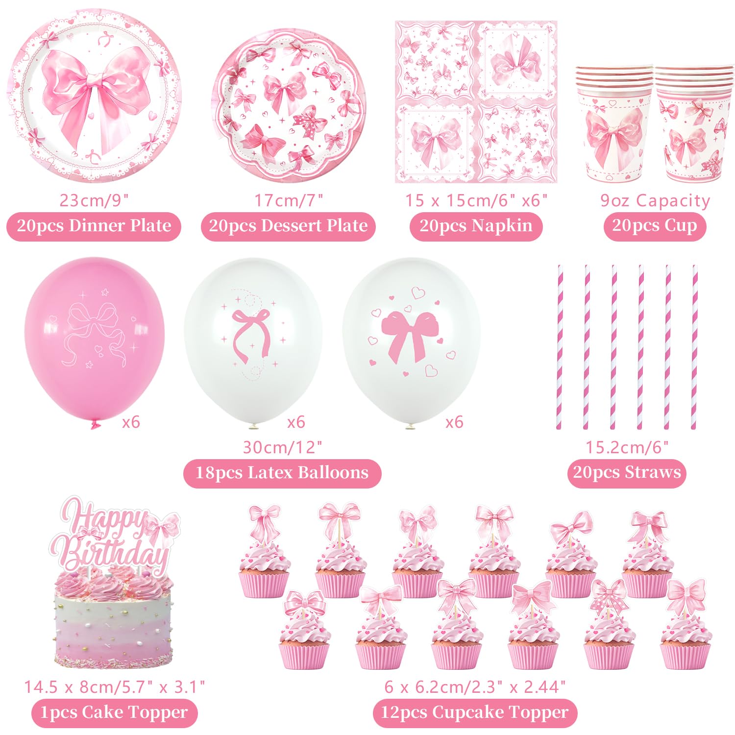 Pink Bow Coquette Birthday Party Kit - Plates, Cups, Banner & Decorations For Girls