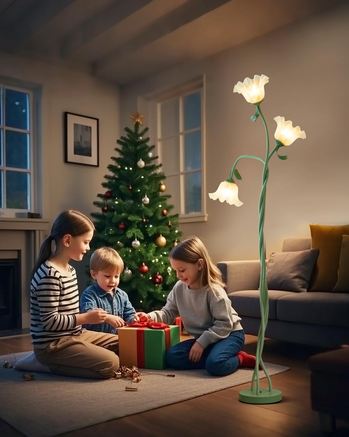 Flower Standing Lamp for Living Room, LED Floor Lamp with Flexible Neck,3 Color Temperatures Adjustable Vintage Tall Lamp for Home Living Room Corner (Green)