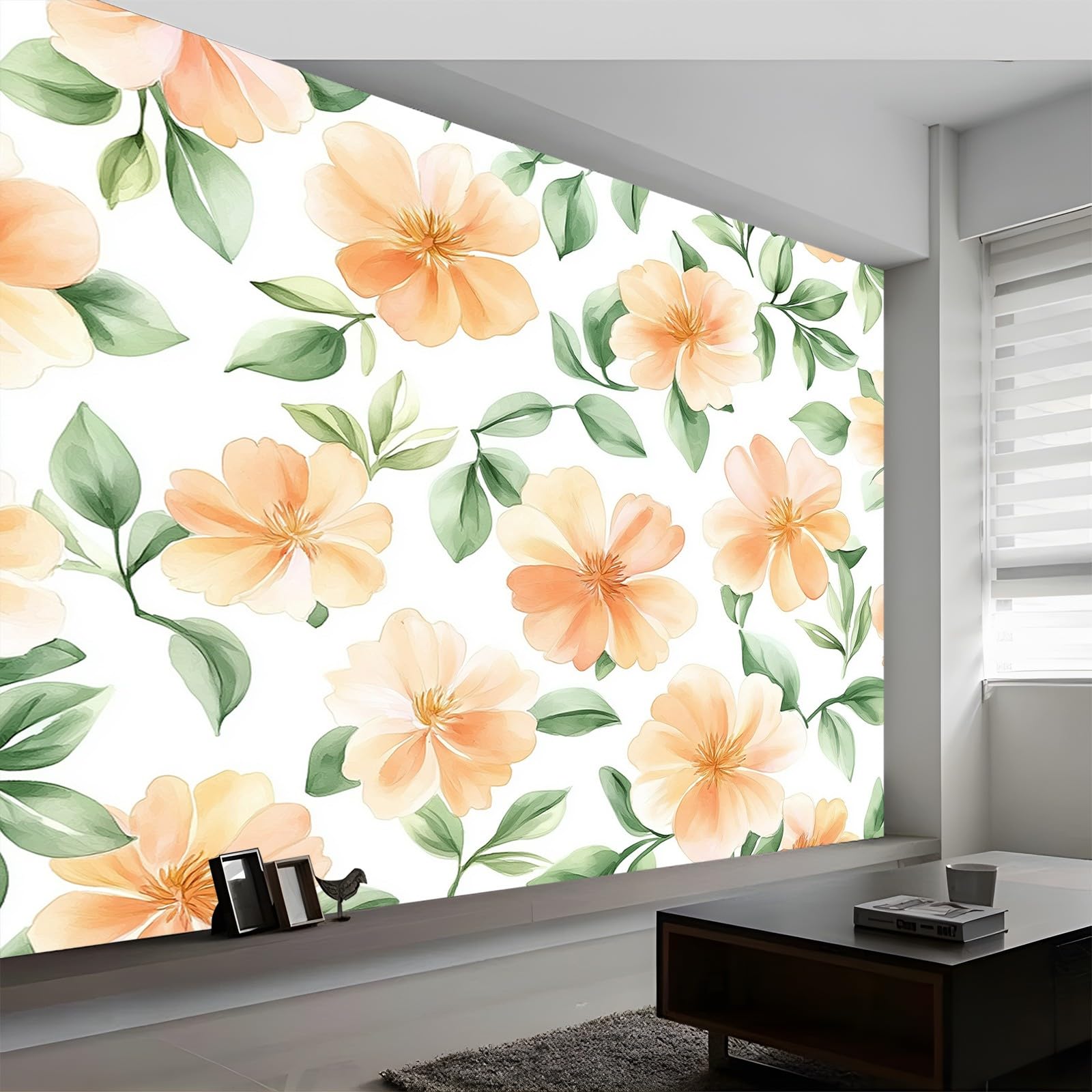 Tapeta 300 x 210 cm Akwarelowane Botaniczne kwiaty brzoskwini Żółty Zielony Malowidło Tapety Na Fototapety Sypialnia Salon