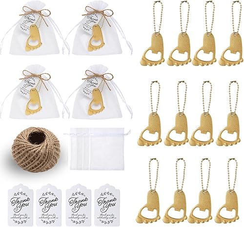 50 llaveros de huellas de bebé y abrebotellas para fiestas con bolsa de organza (dorado)