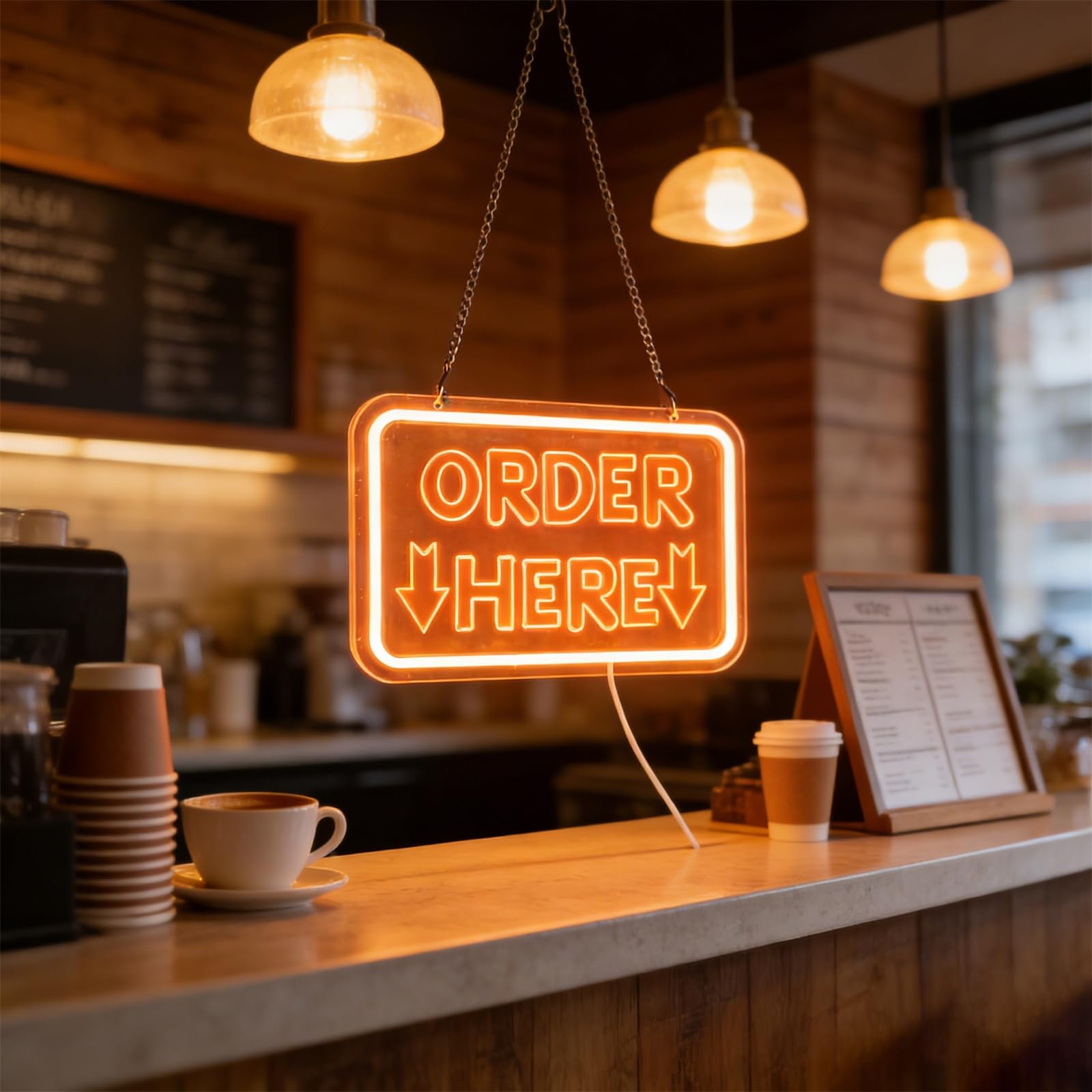 Order Here Letrero de neón, Luces LED de neón USB Regulables para Bares y Tiendas, letreros Decorativos para mostradores de Cajas de restaurantes,Naranja,50x33cm