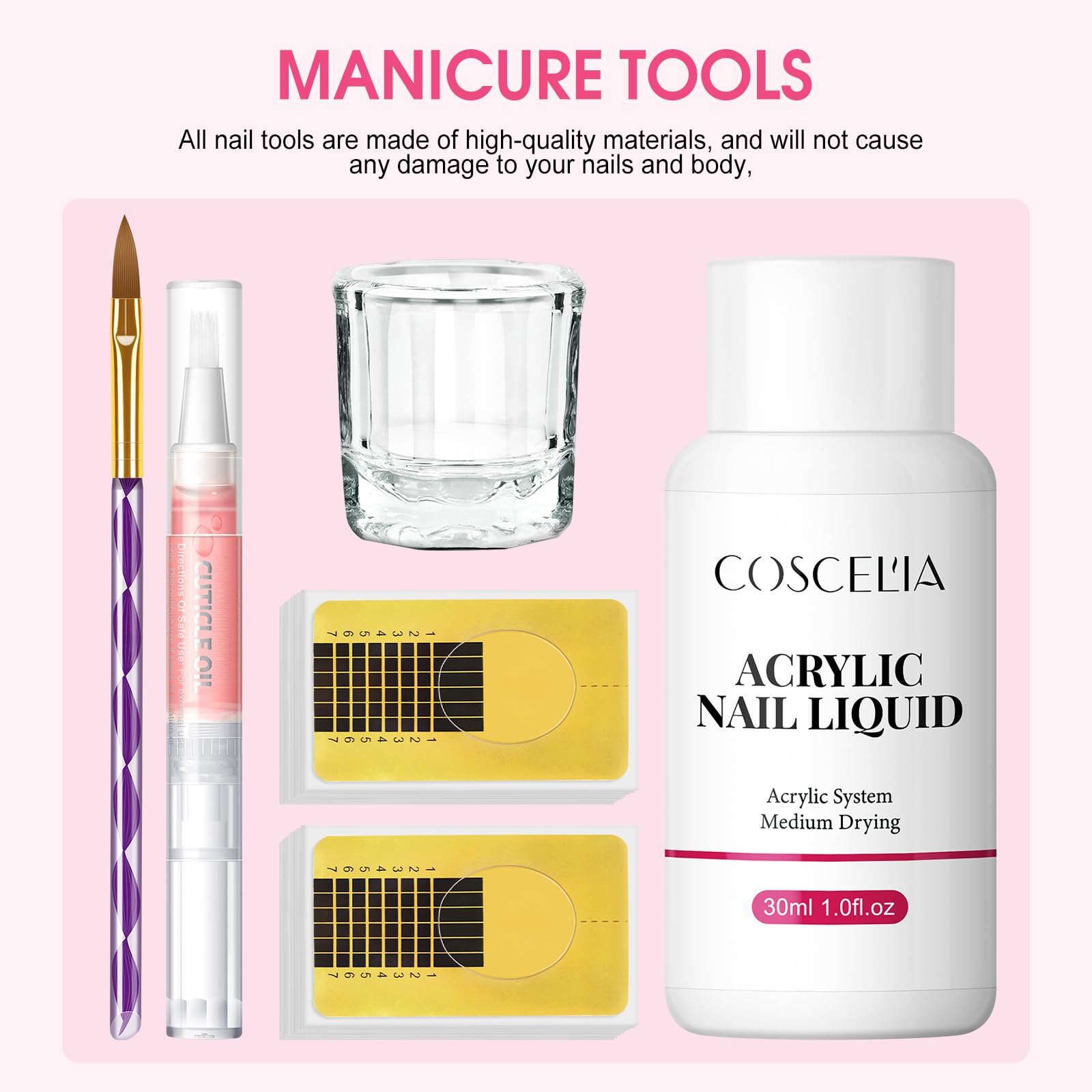 COSCELIA Kit Vernis à Ongles Complet, 3Pcs Poudre Acrylique pour Ongles et 30ml Liquide Acrylique avec des Accessoires, Kit Cadeau Noël pour Femme Kit de Démarrage Ongles Résine