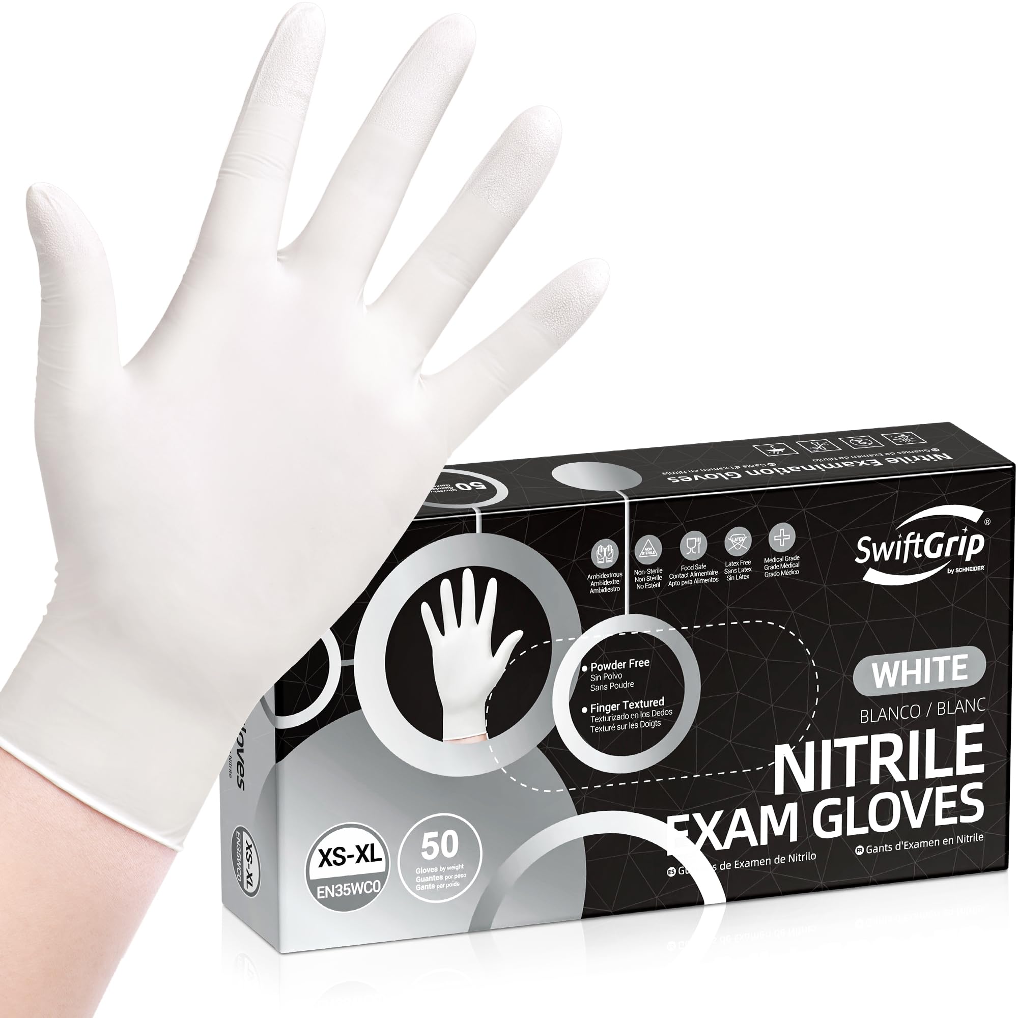 Disposable Nitrile Exam Gloves, 3-mil, Medium, Box of 50, White Nitrile Gloves Disposable Latex Free for Medical, Cleaning, Cooking & Esthetician, Food-Safe, Powder-Free, Non-Sterile