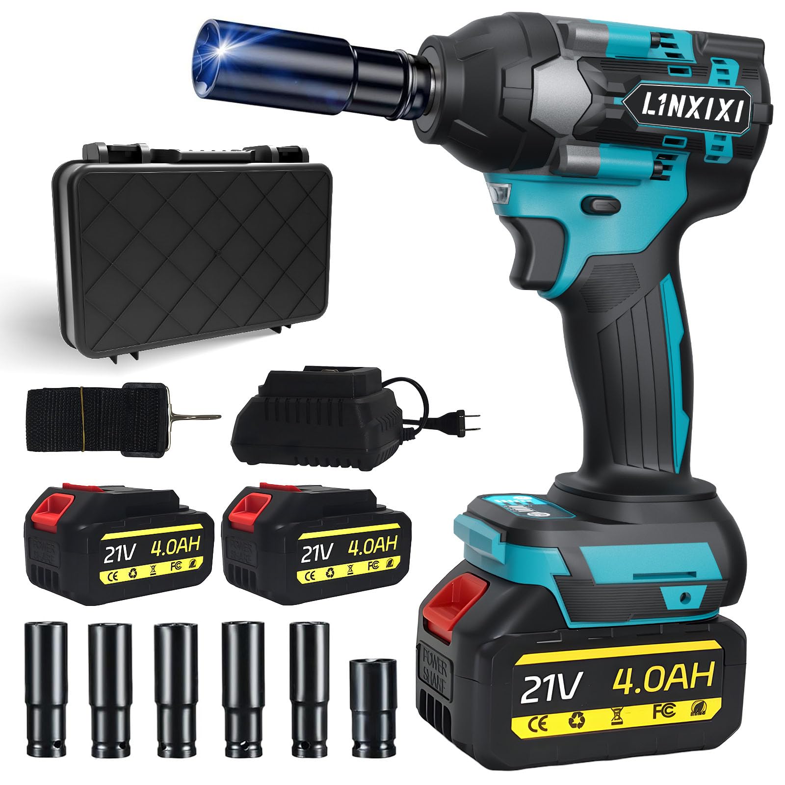 Schlagschrauber Akku 1000Nm für Makita 18V Batterie mit Bürstenloser | 3000RPM 1/2 Zoll Schrauber, mit 2pcs 21V 4,0Ah Akku, 6 Schlagbuchsen für Schraube und Mutter Auto LKW Reifen Removal