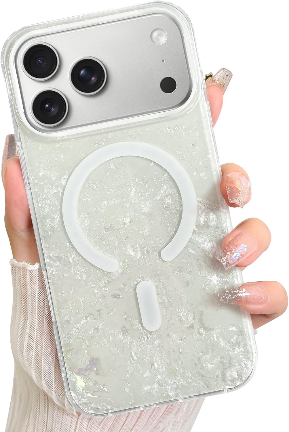 LSL Case for iPhone 17 Pro [Compatible with MagSafe] White Floral Print Pearl Iridescent Pattern Soft TPU Bumper Anti-Drop Hard PC Back Shockproof Protective Slim Magnetic Clear Glossy Cover