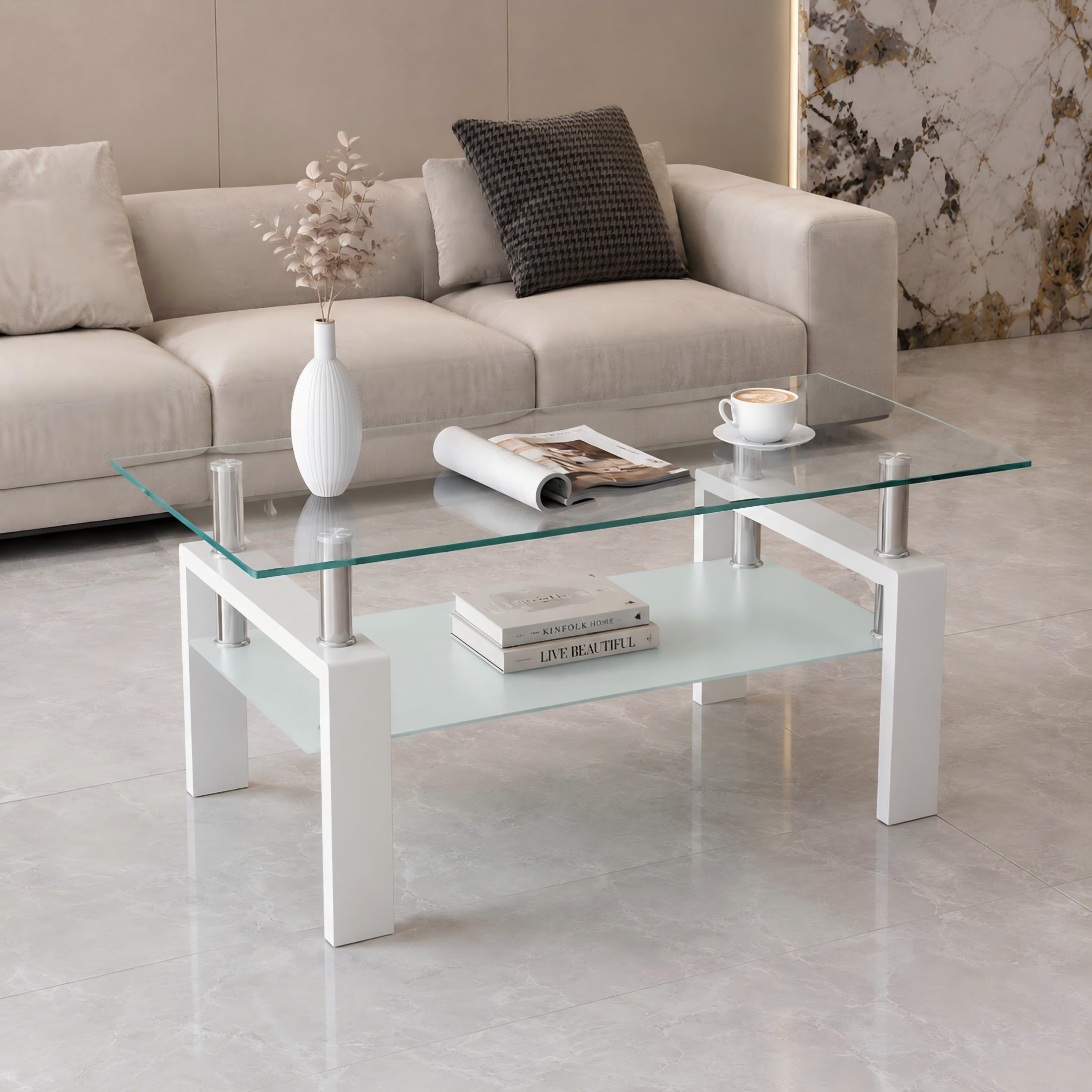 Glass Coffee Table for Living Room, Modern Coffee Table with Transparent Tempered Glass Top and White Metal Legs, Rectangle Tea Table for Home