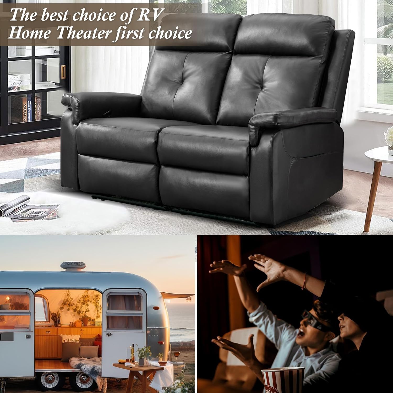 Mid-Century Modern Wingback PU Leather Loveseat Recliner, 54'' Double Reclining Loveseat with Heat and Massage, RV Theater Seating, Manual Recliner Chair for Living Room (Black)