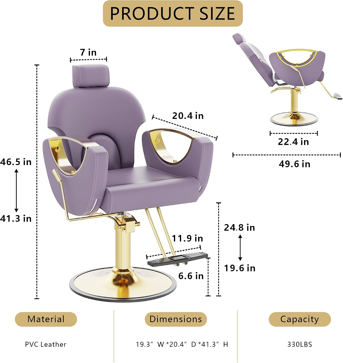 Barber Chair, Reclining Hair Salon Chair, 360 Degrees Swivel Styling Chair, Height Adjustable Hydraulic Shampoo Chairs, Spa Equipment (Purple)