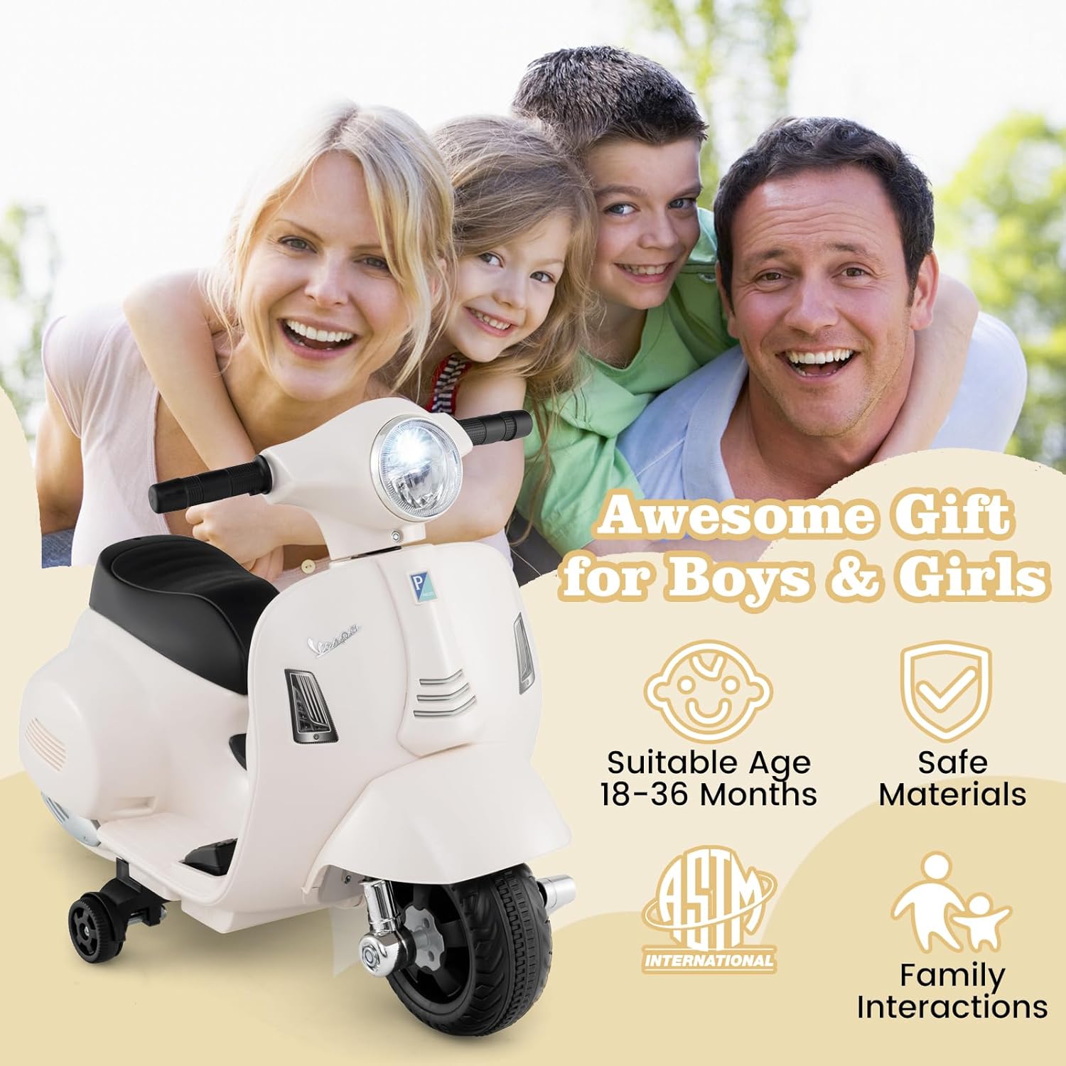 A family smiling with the white HONEY JOY Kids Electric Vespa Scooter in the foreground, highlighting suitable age, safe materials, ASTM compliance, and family interactions.