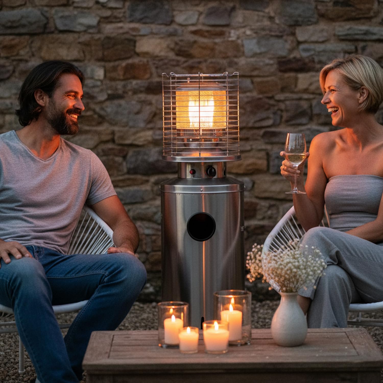 Marvin Stufa a Gas da Esterno, Riscaldatore Gpl Portatile con Ruote FIRE, Bruciatore Riscaldante Arredo, per Terrazzo Patio Giardino Locali Ristoranti Bar, In Acciaio Potenza 13 Kw (Acciaio Inox)