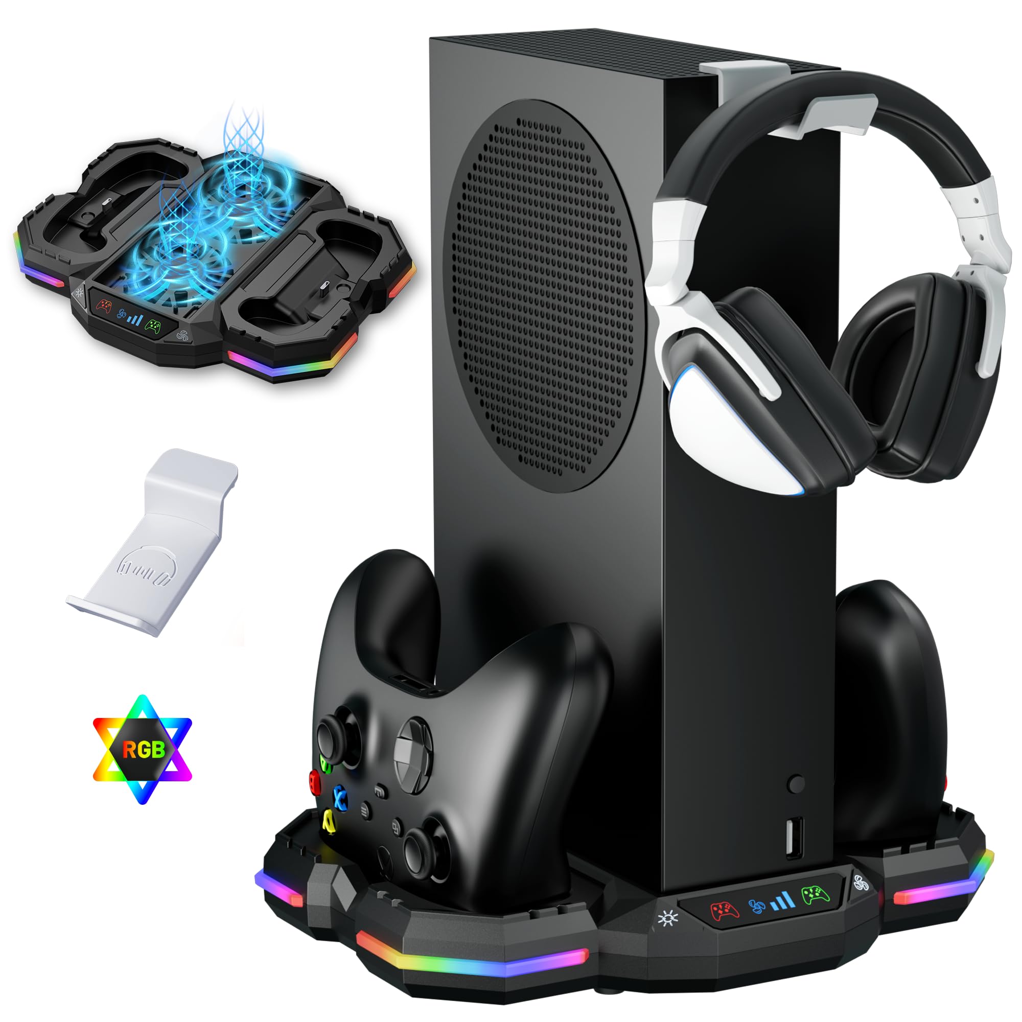 Cooling Fan Stand & Charging Station for Xbox Series S with RGB Lights, Wiilkac Dual Charger of Controllers & Cooler Fan for XSS Console Accessories with Headphone Hook, USB Ports for Sync, Black