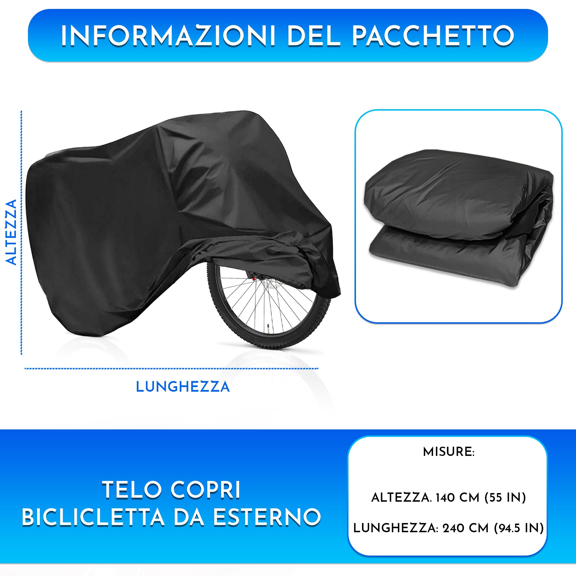 Copri bicicletta da esterno impermeabile Materiale PEVA 240 x 140 cm Protegge da sole pioggia polvere Nero