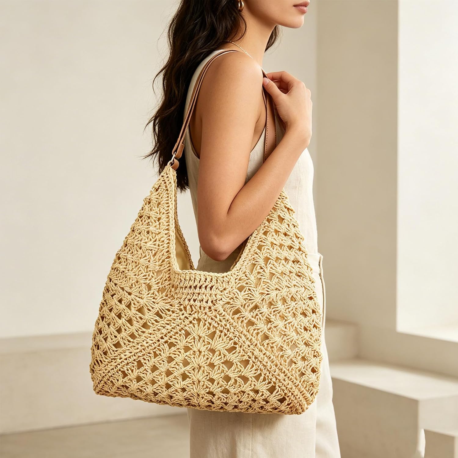Straw Beach Bags for Women Mesh Tote Handbag Woven Purses for Summer Travel Shoulder Handbag Large Hobo Handbag