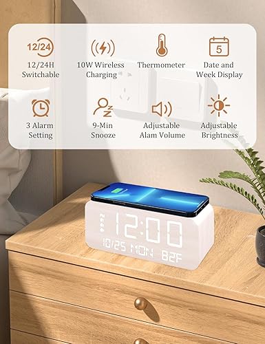 Miniatura 5 de JALL Reloj despertador digital, con pantalla LED electrónica de madera, 3 ajustes de alarma, carga inalámbrica de 10 W, día de la semana, detección