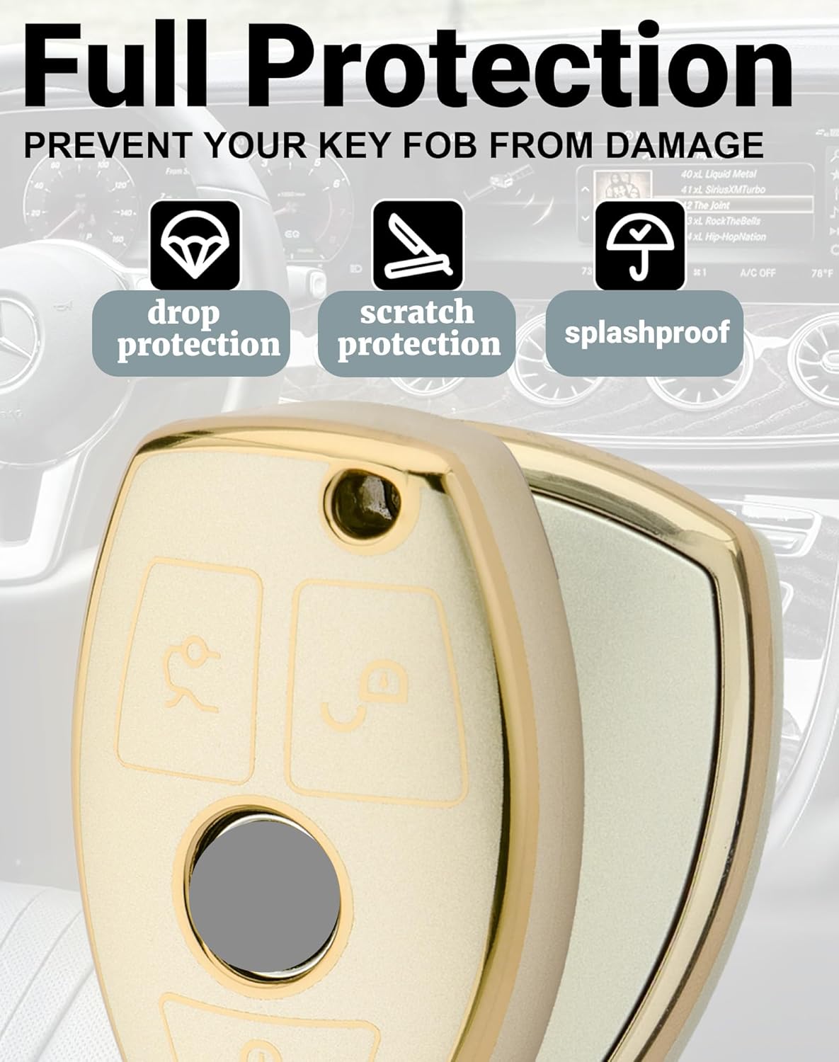 for Mercedes-Benz Key Fob Cover with Keychain, Soft TPU Full Protection Car Key Case Shell for Benz S-Class G-Class E-Class EQE EQS 2020 2021 2022 2023 2024 2025, Gold - Image 3