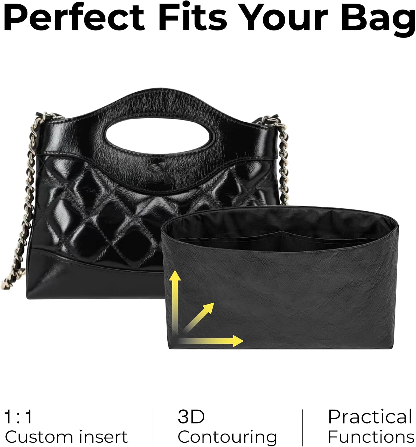 Tote Bag Organizer Insert for CHANEL 25P 31 Bag Nano Handbag,Custom Fit Inside Premium Matte Black Lightweight WaterResistant Purse Insert