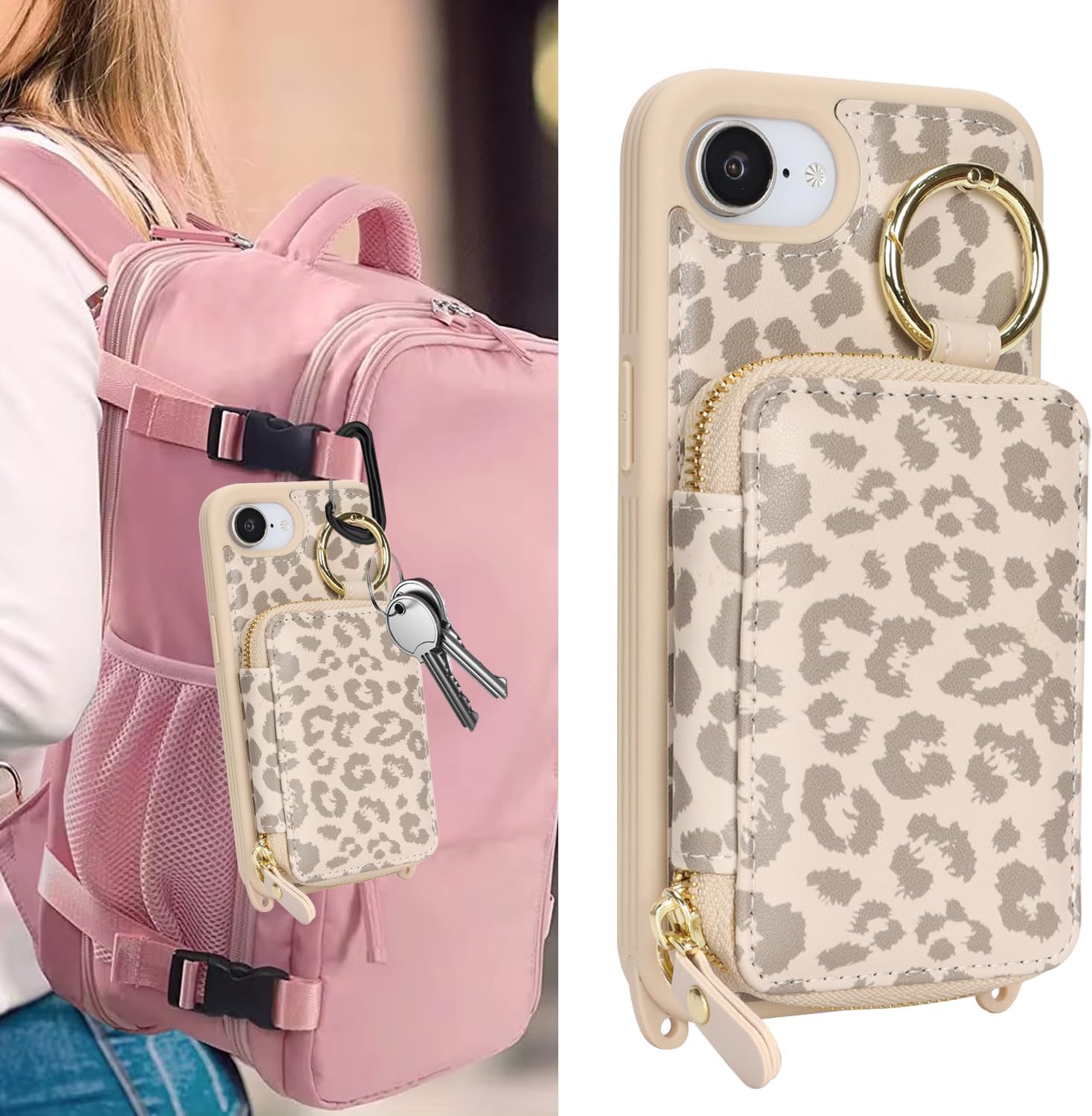 Crossbody Wallet Case for iPhone 17e/16e, PU Leather Zipper Handbag Purse Flip Cover, Kickstand Folio Case with Card Slots Holder Wrist Strap Lanyard 5G 6.1 Inch-Off-White Leopard