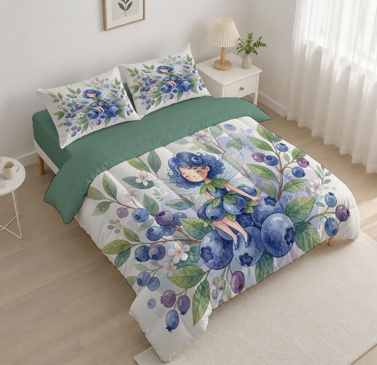 Fairy Tale Characters Quilt Set King 3 Pieces, Sapphire Blue Quilts Bedding Set Blueberry Fairy Girl Bedspread Bed Cover Lightweight Spring Summer Beds Coverlet for All Season - 104"X90"