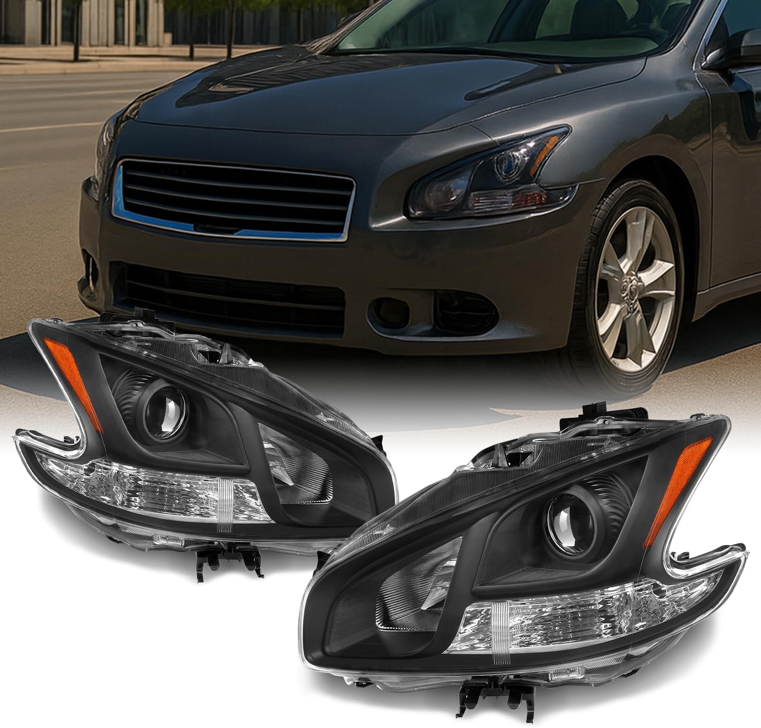 AKKON - For Maxima Halogen Type Black Bezel Projector Headlights Front Lamps Left + Right Side Replacement Set