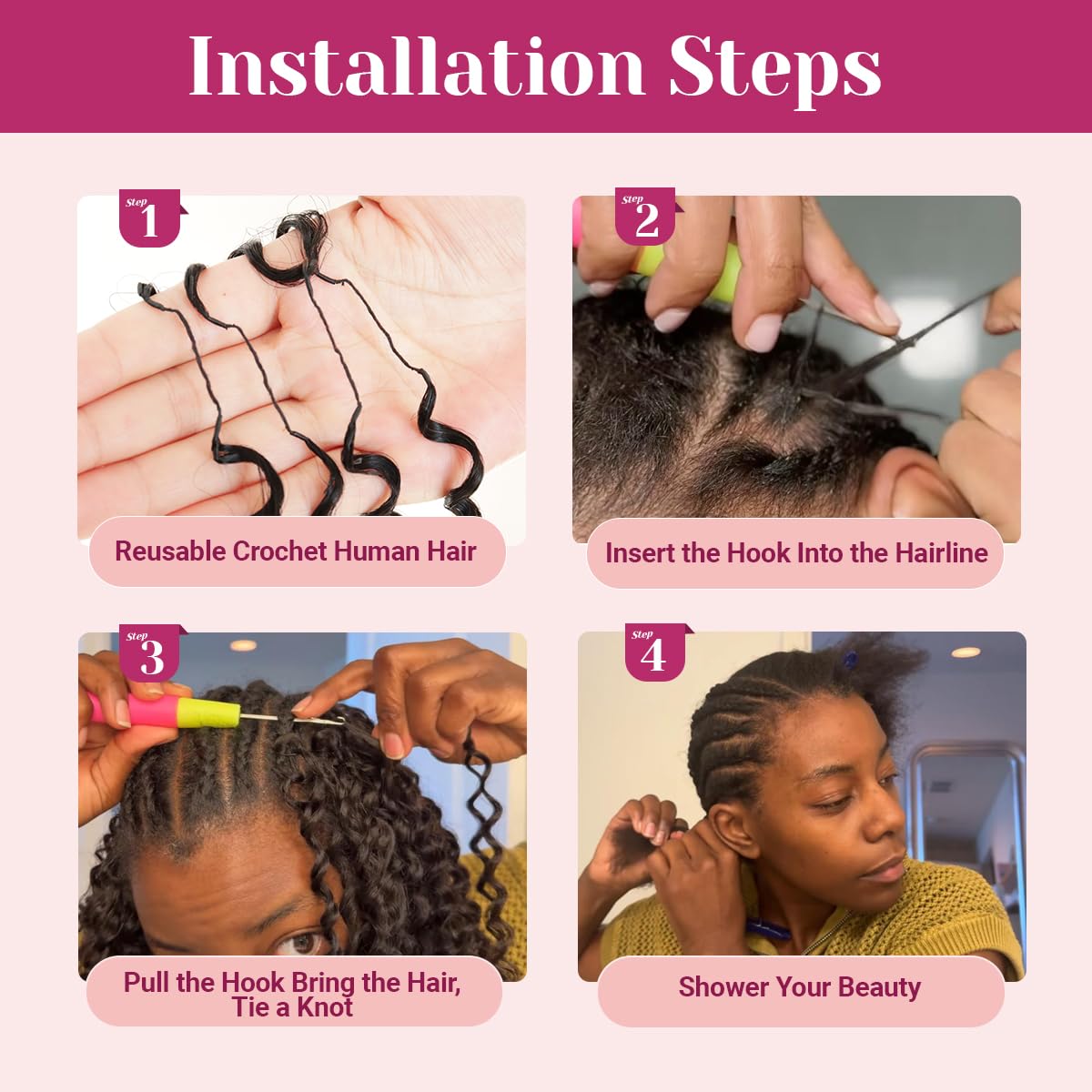 Human Crochet Hair for Black Women 55g Deep Wave Crochet Human Hair Knotless Pre‑Separated Feather Crochet Human Hair Invisible Pre-Looped Reusable Lightweight Hair Extensions,16 Inch Natural Black