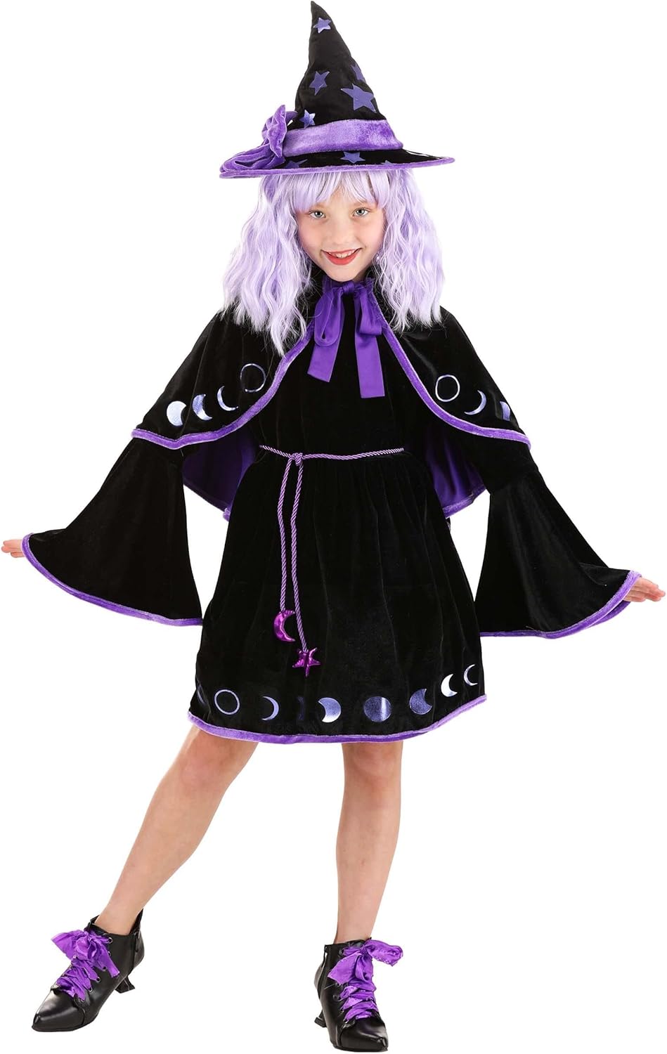 Fun Costumes Girls Witch Costume | Velvet Spellcaster Dress | Outfit With Hat, Rope Belt, and Cape Perfect for Halloween