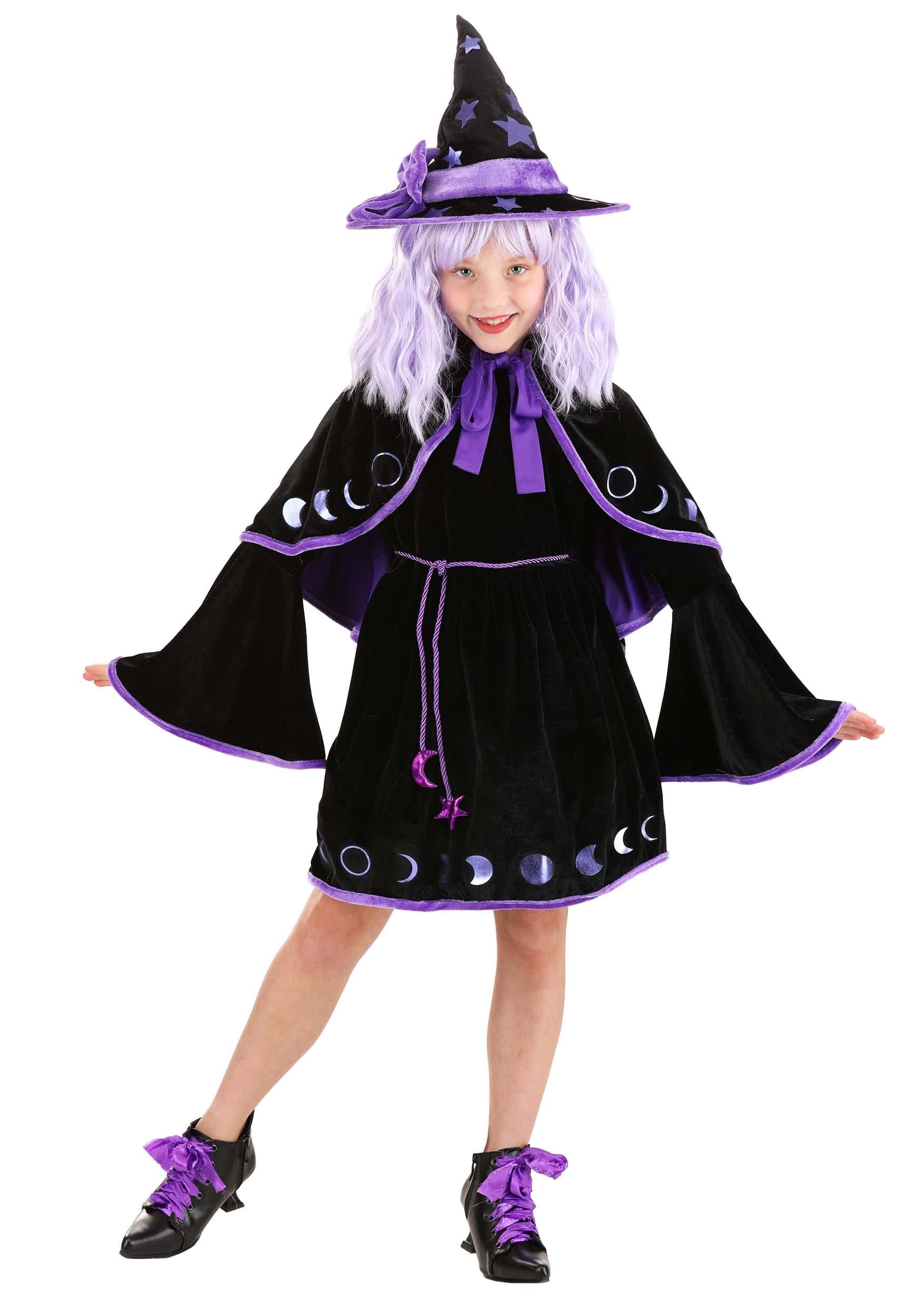 Fun Costumes Girls Witch Costume | Velvet Spellcaster Dress | Outfit With Hat, Rope Belt, and Cape Perfect for Halloween