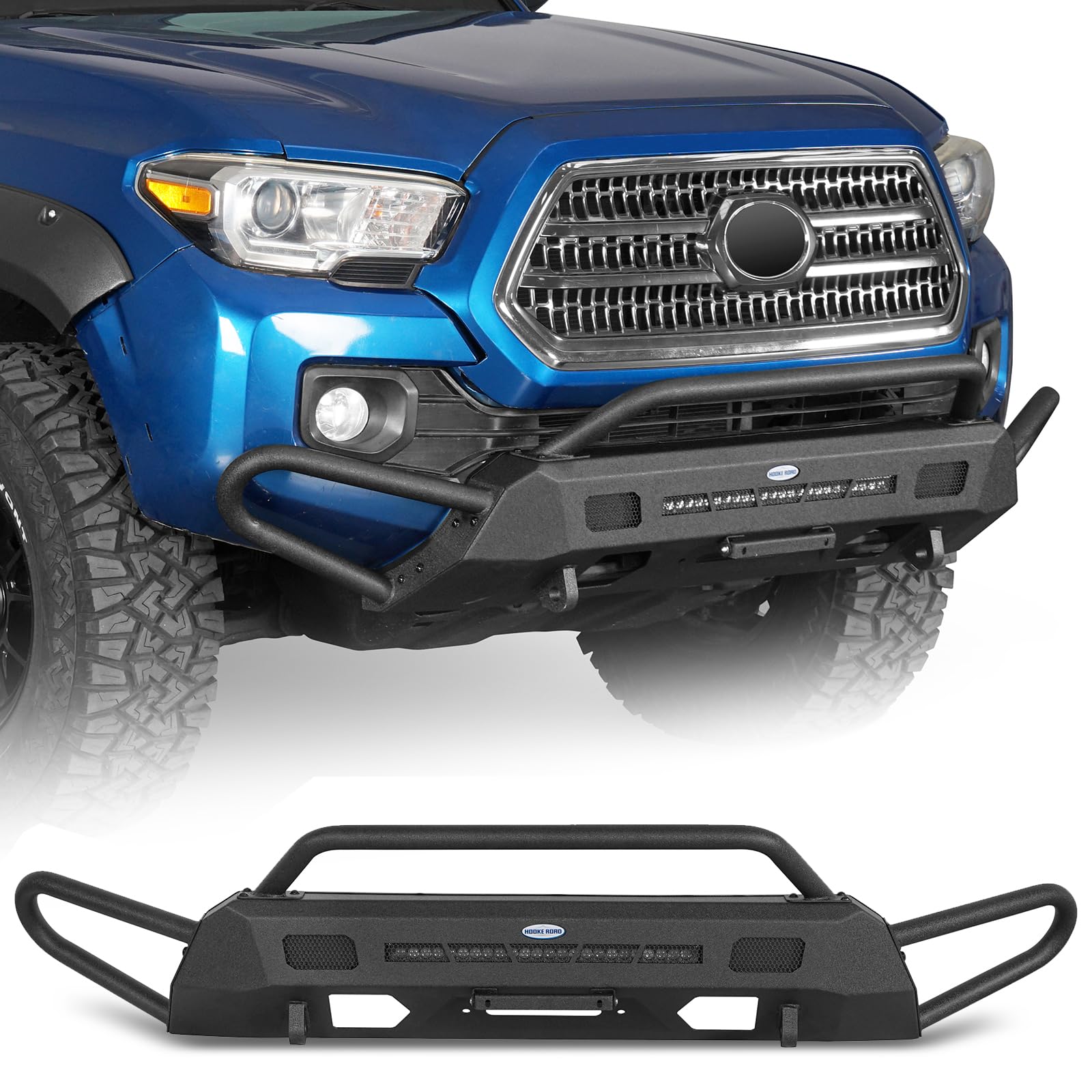 Hooke Road Tacoma Stubby Front Bumper Bull Bar for 2016-2023 Toyota Tacoma 3rd Gen Pickup, Offroad Steel Bumper with Winch Mount, Tube Grille Guard,