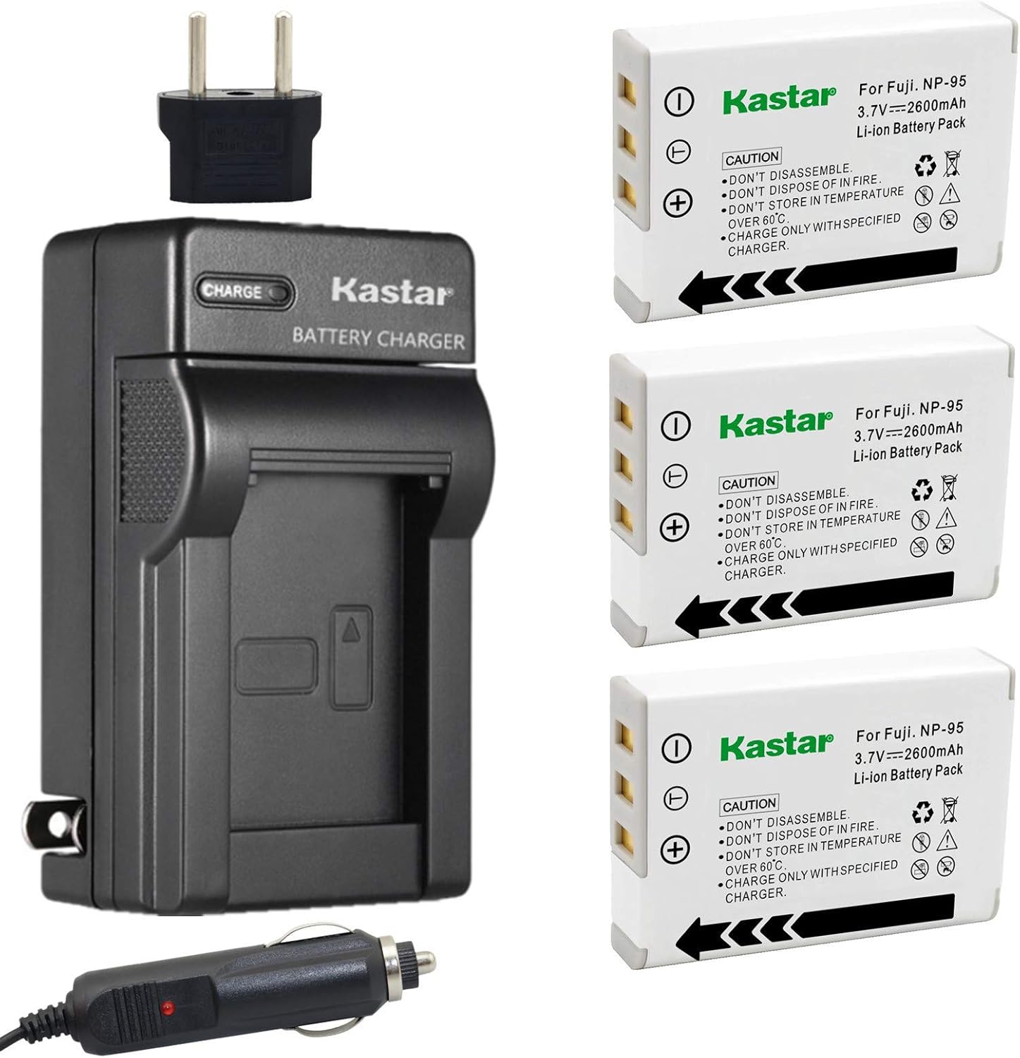 Kastar Battery (3-Pack) + Charger for Fujifilm NP-95 & Finepix F30, Finepix F31FD, Finepix Real 3D W1, Finepix X30, Finepix X100, Finepix X100T, Finepix X100LE, Finepix X100S, Finepix X-S1 Cameras