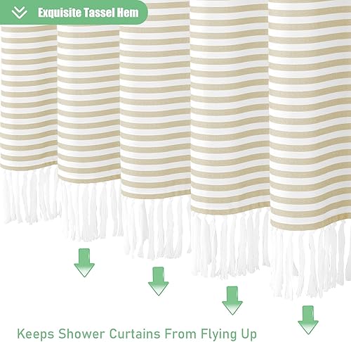 Miniatura 5 de Dynamene Cortinas de ducha extralargas, 84 pulgadas de largo, cortinas de ducha de tela a rayas bohemias con borlas para baño, juego de cortina de