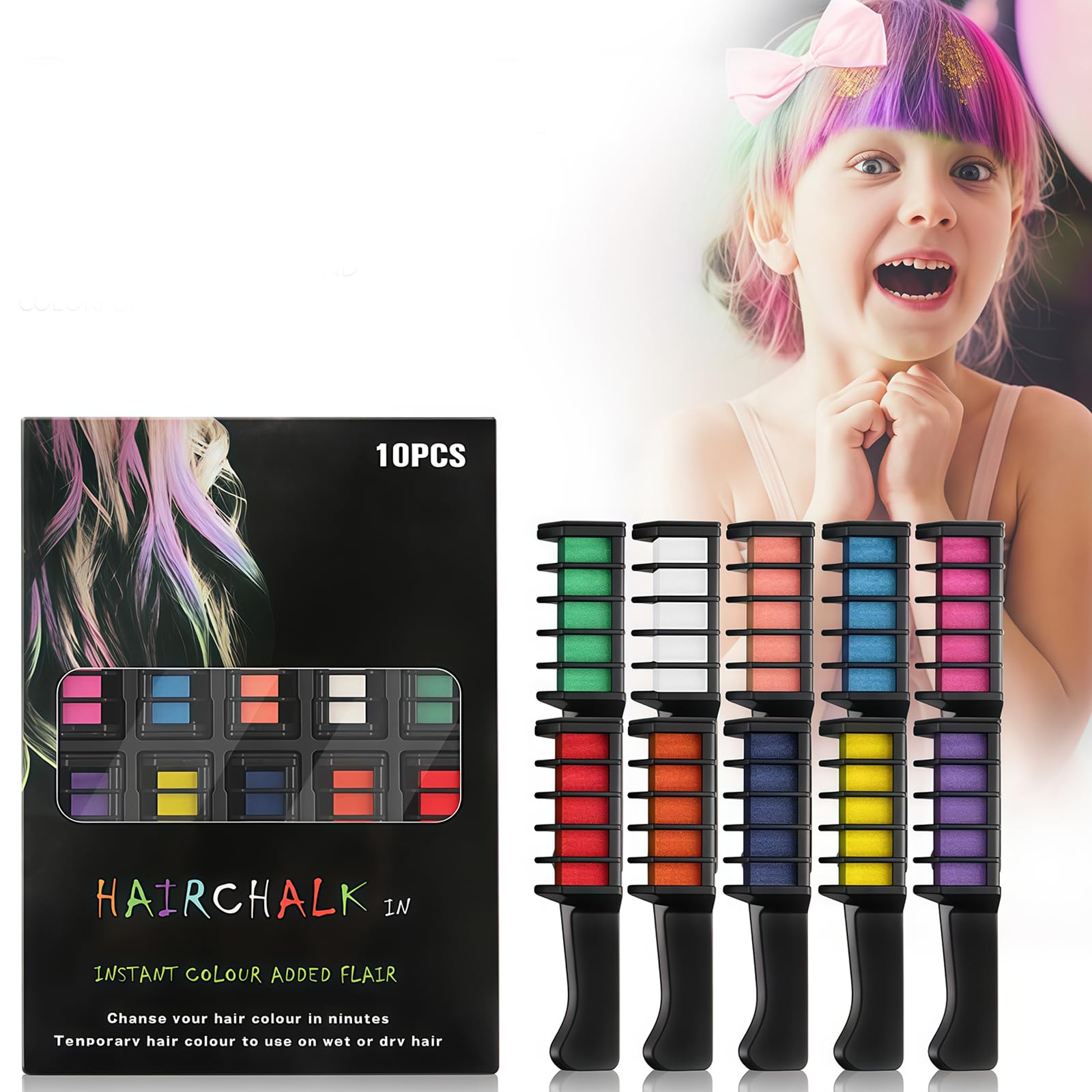 10 Colori Gessetti Colorati Per Capelli,Colori Per Capelli Per Bambini,Colore Temporaneo Lavabile,Capelli con Pettine a Gessetti Colorati per Feste, Halloween, Compleanni e Cosplay
