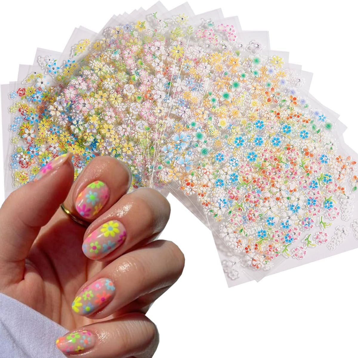 30 Sheets Flower Nail Stickers - Spring/Summer Nail Art Decals, 3D Self-Adhesive Nail Supplies with Rose, Daisy, Heart Designs for DIY Nail Decorations
