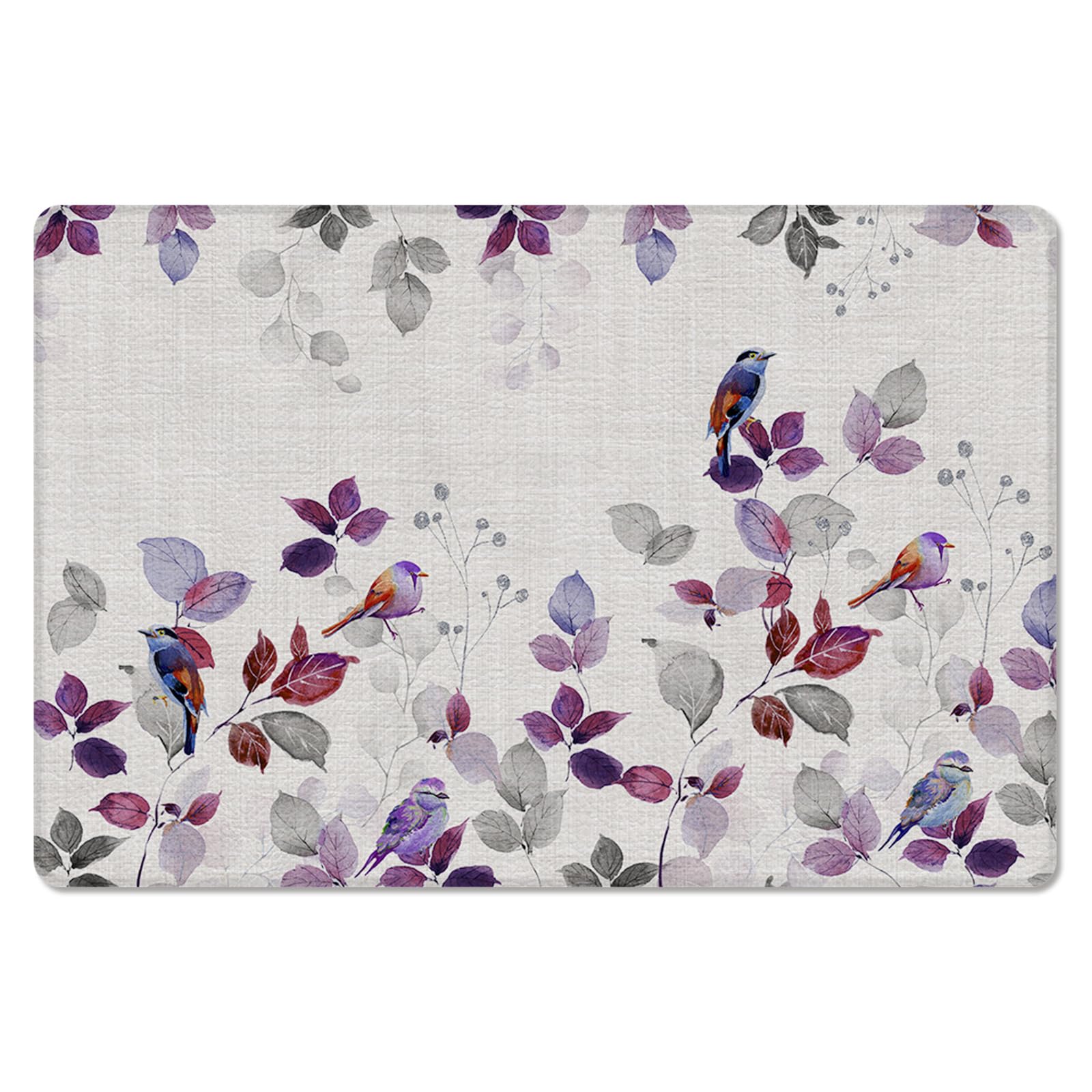 Eucalyptus Birds Kitchen Bath Door Mat Cushioned Runner Rug,Washable Welcome Floor Sink Antifatigue Mat,Waterproof & Non-Slip Comfort Standing Doormat,Farmhouse Gradual Purple Grey Leaves 18