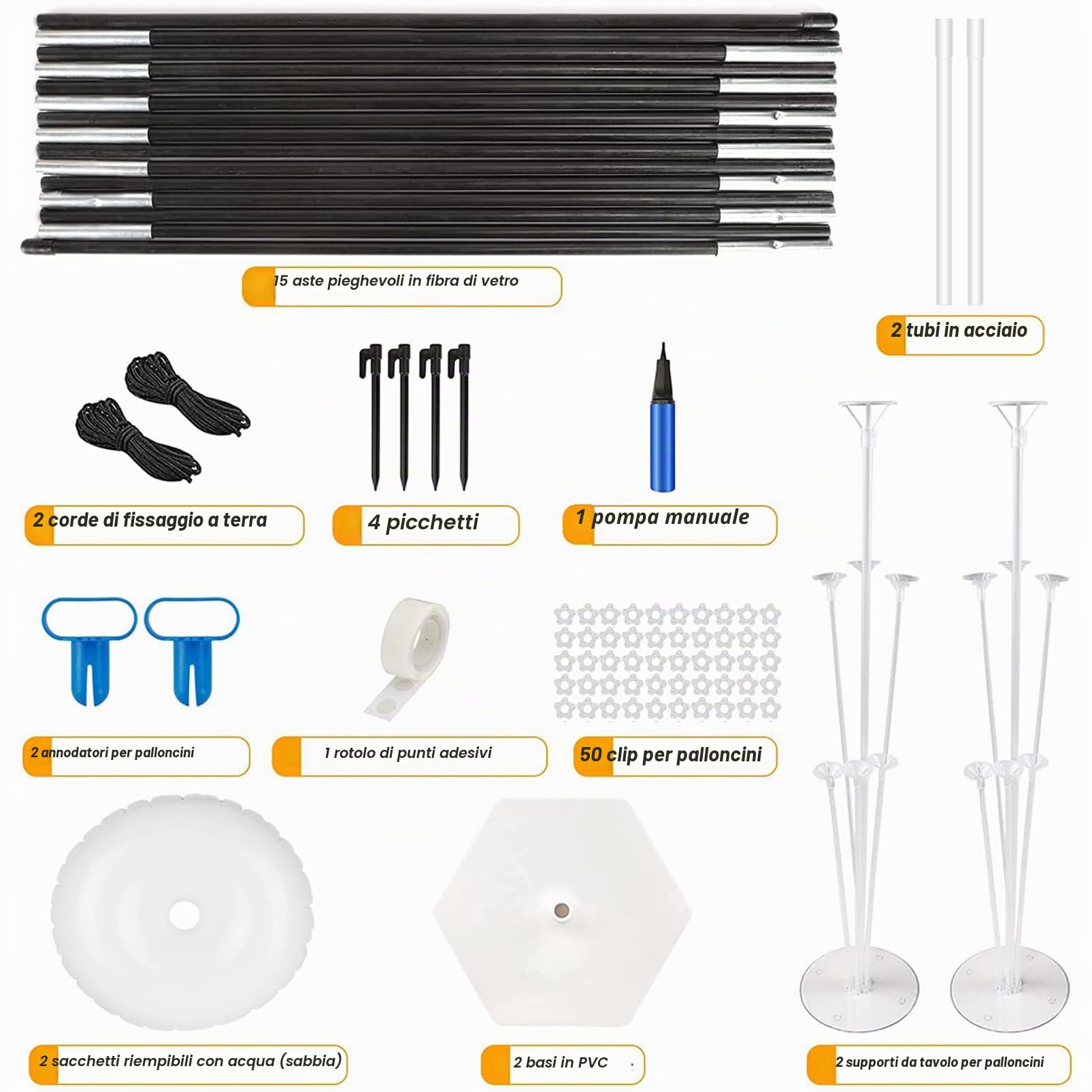 Kit regolabile per arco di palloncini, 3,1 m, riutilizzabile, con 2 basi riempibili con acqua e 50 clip per palloncini e asta in fibra pieghevole, per matrimoni, lauree, compleanni, decorazioni