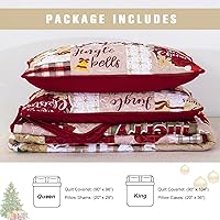 Vista 7 de Xruibed Juego de edredón de Navidad, tamaño King, diseño de campanas y alces, colcha de retazos de Navidad con 2 fundas de almohada, juego