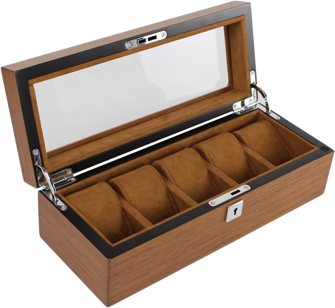 Qiwode Solid Wood Watch Box 5 Slots, Men Wooden Storage Watch Case Holder Organizer with Glass Display Top Exquisite and Durable (5 Grids)