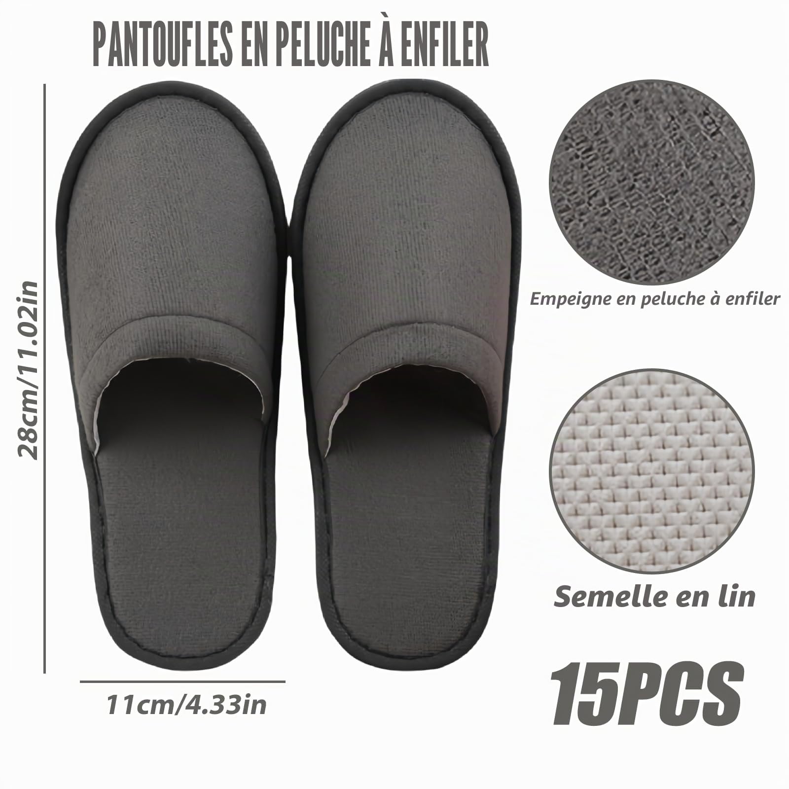 Lot de 15 paires de pantoufles d'hôtel grises : chaussons jetables antidérapants, confortables et respirants, ensemble de pantoufles d'invités, unisexes, pour