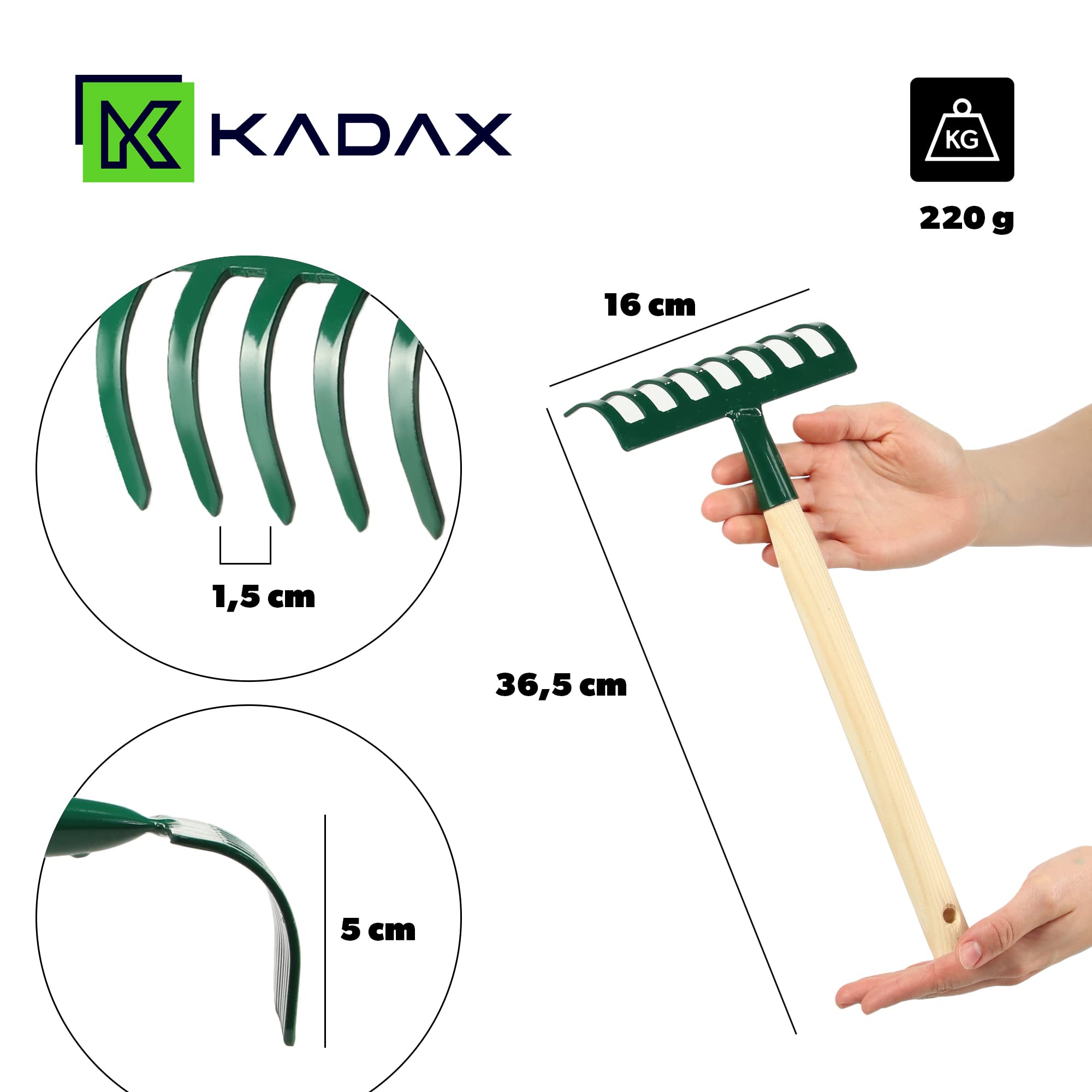 KADAX Petit râteau manuel en métal avec manche court en bois pour le jardinage, râteau de jardin durable pour ameublir le sol et enlever les mauvaises herbes (vert, 8 dents)