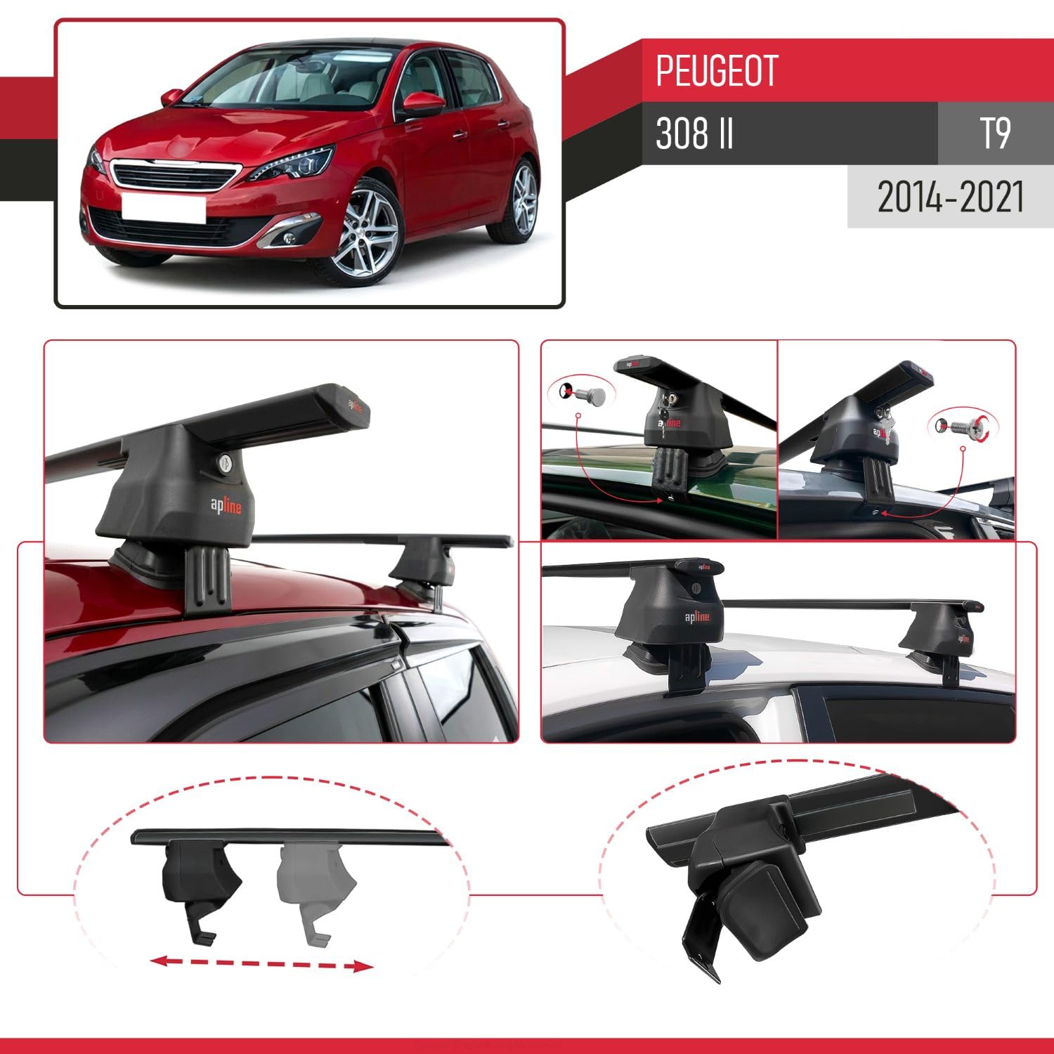Compatible avec Peugeot 308 II (T9) 2014-2021 ACE-4 Barres de Toit Railing Porte-Bagages de Voiture Noir Aluminium 2 Barres