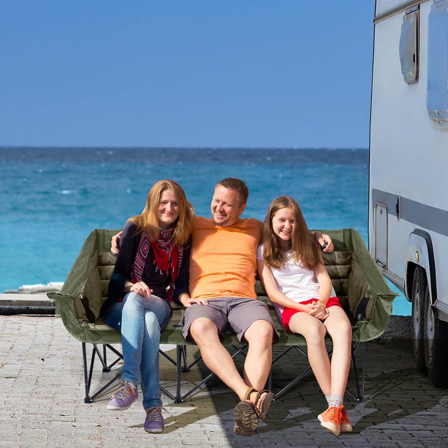 3 Person Camping Chairs Folding Double Camping Chair Portable Oversized Loveseat Padded Camp Chair Heavy Duty Camping Couch for Adults Outdoor Lawn with Two Cup Holders and Carry Bag Green - Image 2