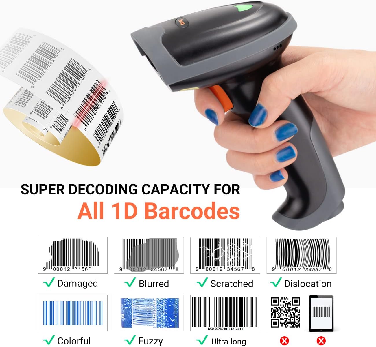 Image showing the barcode scanner successfully reading various types of 1D barcodes, including damaged, blurred, scratched, dislocated, colorful, fuzzy, and ultra-long barcodes. It also indicates that 2D/QR codes are not supported.