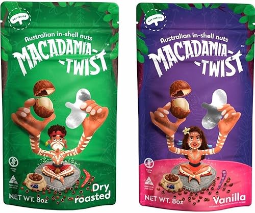 Final Sale - Macadamia Twist Premium Australian Macadamia Nuts in Shell with Metal Key to Open Shells, Combo 1pc Dry Roasted + 1pc Vanilla Flavored