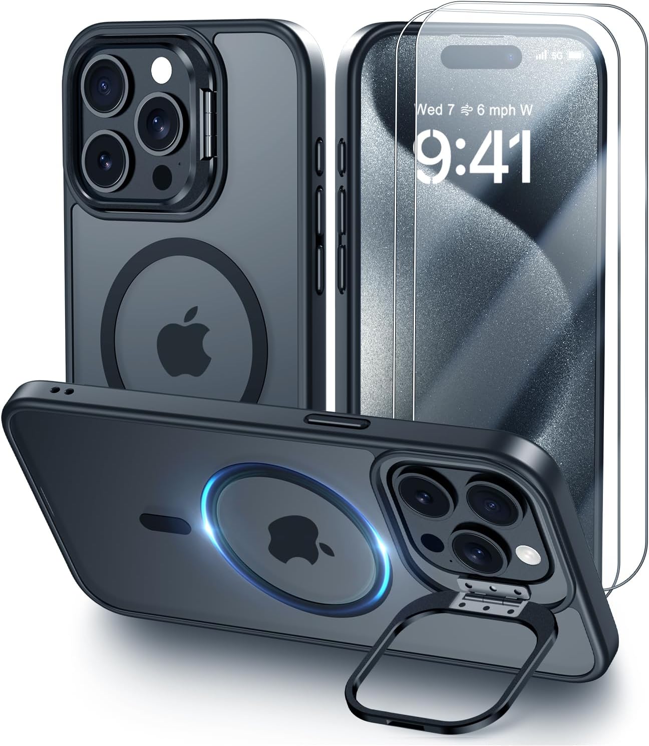 Mitywah for iPhone 15 Pro Max Case with Stand, Strong-Magnetic Cover Fit for Magsafe, Military Grade Drop Protective Case, Slim Matte Translucent Kickstand Phone Cover, Black